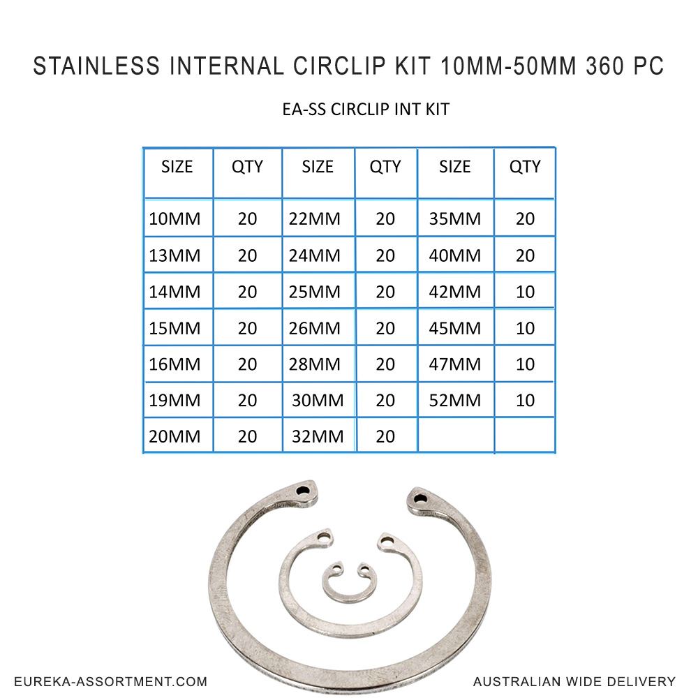 Eureka Assortment Stainless Internal Circlip Kit 10mm 50mm 360 Pc 